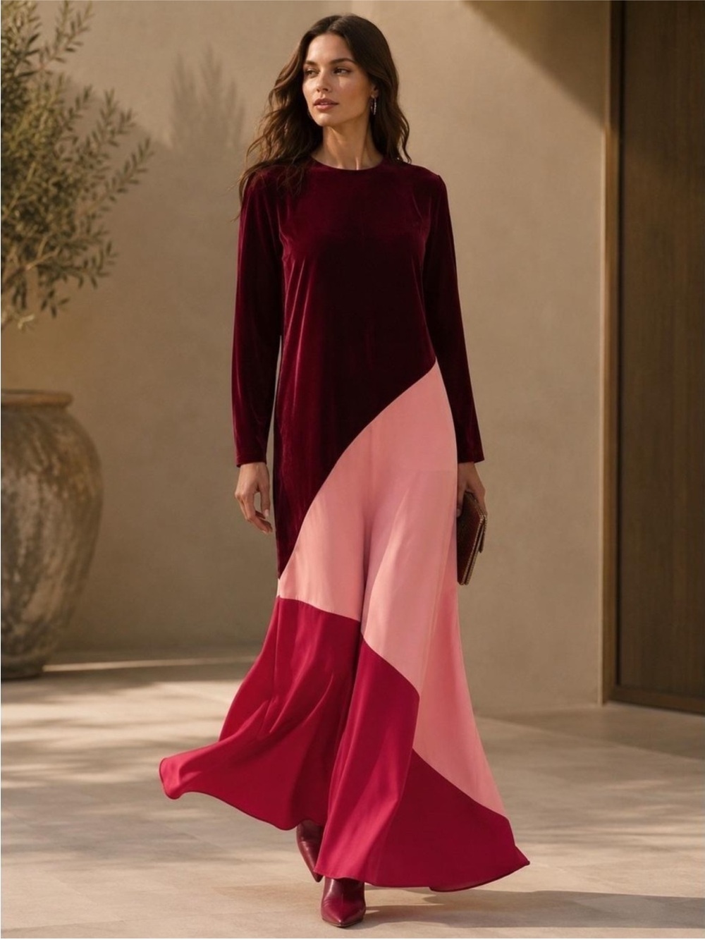 TUCKERNUCK Velvet Silk Maxi Dress Large Colorblock Red Pink Fall Winter Holiday